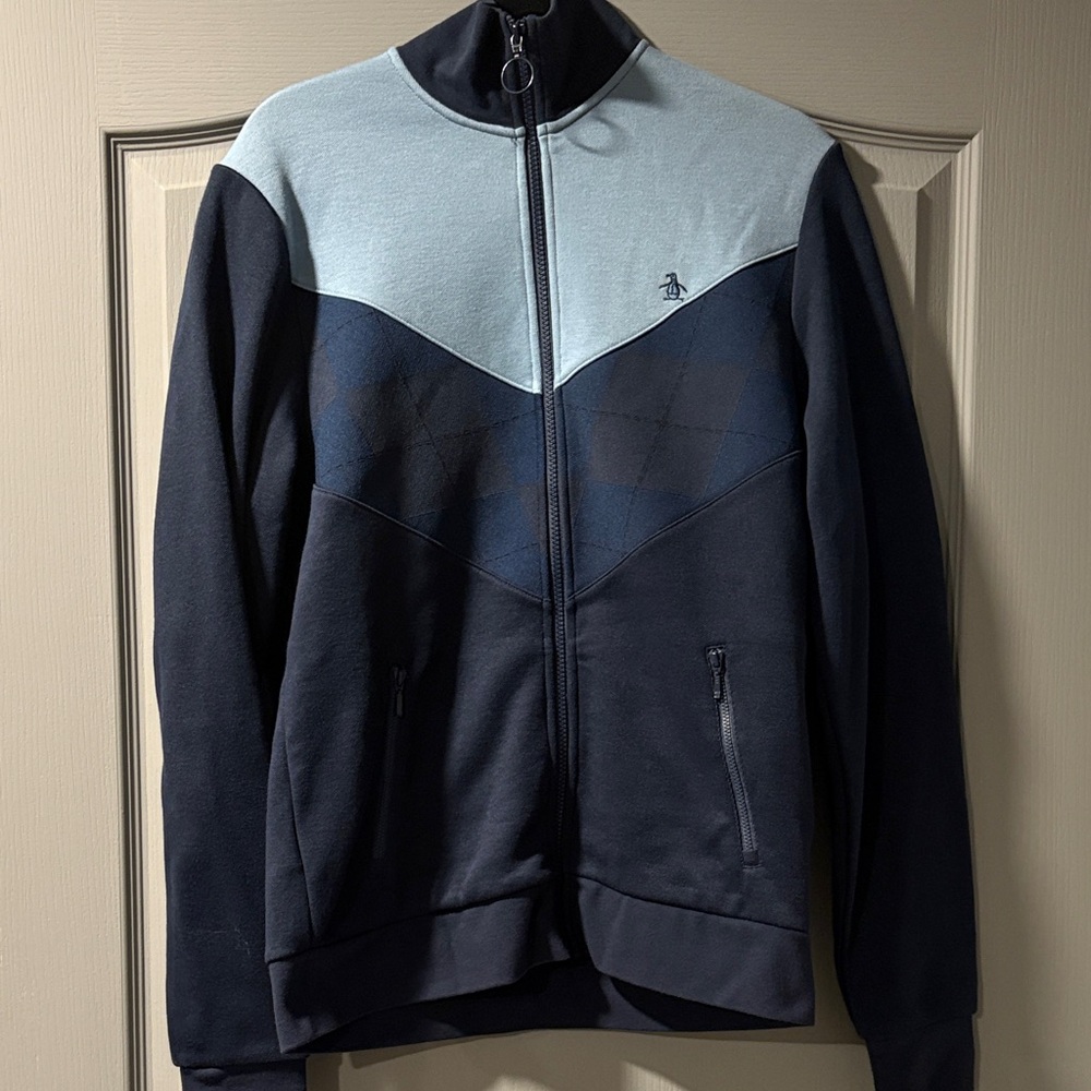 Original Penguin Men's Light Blue and Navy Zip-Up Sweater